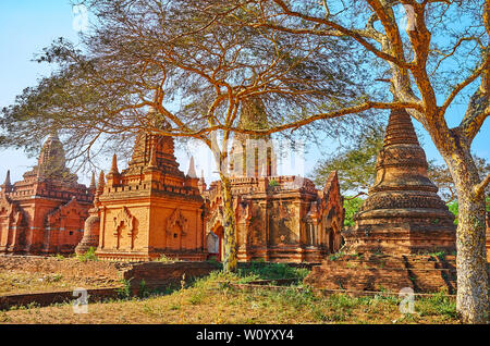 The scenic old Buddhist shrines are located in Bagan, brick stupas and image houses hide among the trees and bushes of savannah park, Myanmar Stock Photo