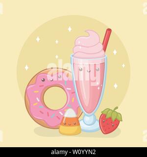 delicious and sweet milkshake and products kawaii characters vector illustration Stock Vector