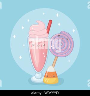 delicious and sweet milkshake and products kawaii characters vector illustration Stock Vector