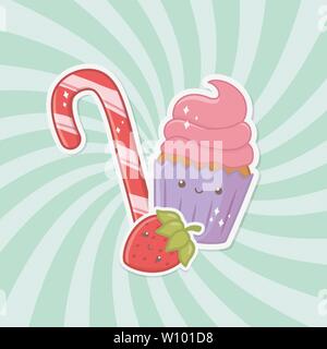 delicious and sweet cupcake and products kawaii characters vector illustration Stock Vector