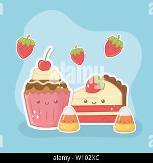 delicious and sweet cupcake and products kawaii characters vector illustration Stock Vector