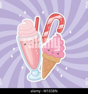 delicious and sweet ice cream and products kawaii characters vector illustration Stock Vector