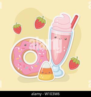 delicious and sweet milkshake and products kawaii characters vector illustration Stock Vector