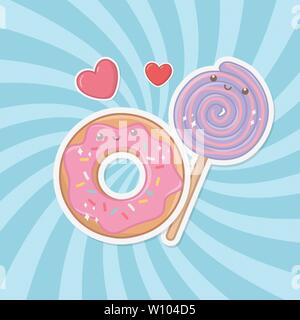 delicious and sweet donut and products kawaii characters vector illustration design Stock Vector