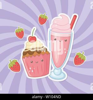 delicious and sweet milkshake and products kawaii characters vector illustration Stock Vector