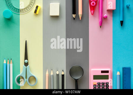 Back to school, concept flat lay background in pastel colors. Stationary items on paper background, text space. Stock Photo