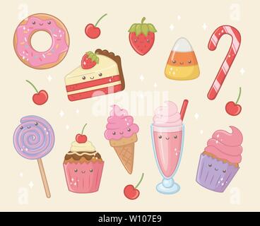 delicious and sweet products kawaii characters vector illustration design Stock Vector