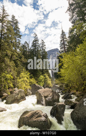 Merced River with Vernal Falls in background, Yosemite National Park, California, USA Stock Photo