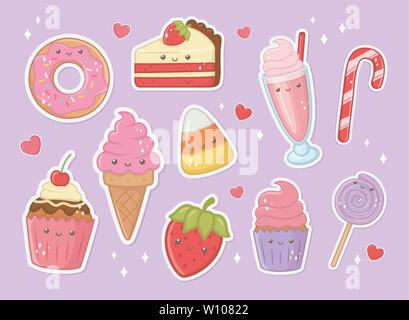 delicious and sweet products kawaii characters vector illustration design Stock Vector