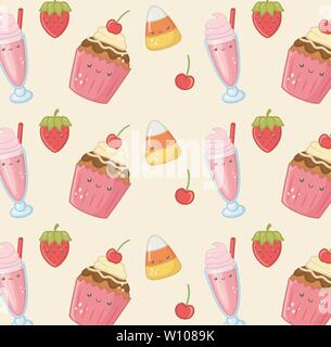 delicious and sweet products kawaii characters pattern vector illustration design Stock Vector