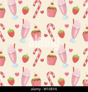 delicious and sweet products kawaii characters pattern vector illustration design Stock Vector