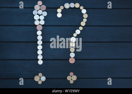 Scattered coins of different countries in the form of a question mark and an exclamation point on wooden table. Stock Photo