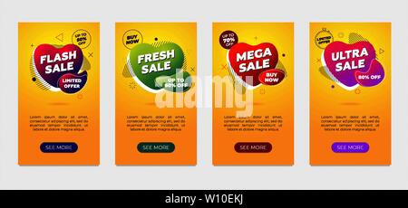 Sale banner design template set. Dynamic modern gradient fluid flyer on yellow background. Flash fresh mega ultra discount retail offer liquid shape poster. Vector marketing promo coupon illustration Stock Vector