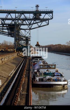 Hard coal is loaded onto cargo ship, Mittellandkanal, Mehrum, district of Peine, Lower Saxony, Germany Stock Photo