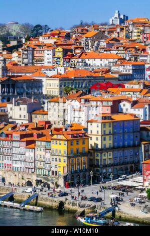 City view with promenade at the river Rio Douro, district Ribeira, Cais da Ribeira, Porto, Portugal Stock Photo