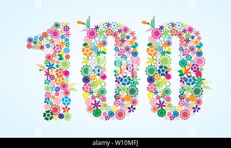 Vector Colorful Floral 100 Number Design isolated on white background. Floral Number One Hundred Vector Typeface. Stock Vector