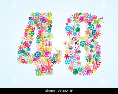 Vector Colorful Floral 48 Number Design isolated on white background. Floral Number Forty Eight Vector Typeface. Stock Vector