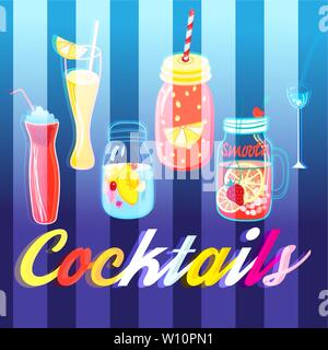 Vector illustration of multicolored cocktails on a blue background. Advertising for menu design in restaurants, bars and posters. Stock Vector