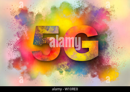 Concept of 5G technology network, high-speed mobile Internet, new generation networks. creative dust explosion background . Stock Photo