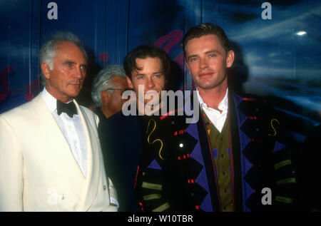 Hollywood, California, USA 9th August 1994 (L-R) Actor Terence Stamp, actor Guy Pearce and director Stephan Elliott attend the premiere of 'The Adventures of Priscilla, Queen of the Desert' on August 9, 1994 at Cinerama Dome Theater in Hollywood, California, USA. Photo by Barry King/Alamy Stock Photo Stock Photo