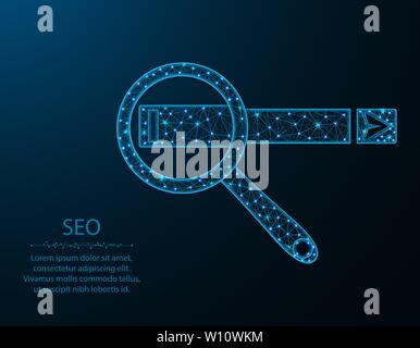 SEO low poly design, magnifying glass in polygonal style, enter text vector illustration on dark blue background Stock Vector