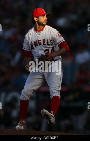 Anaheim, California, USA. 28th June 2019. Los Angeles Angels relief pitcher Noe Ramirez (24) makes the start for the Angels during the game between the Oakland A's and the Los Angeles Angels of Anaheim at Angel Stadium in Anaheim, CA, (Photo by Peter Joneleit, Cal Sport Media) Credit: Cal Sport Media/Alamy Live News Stock Photo