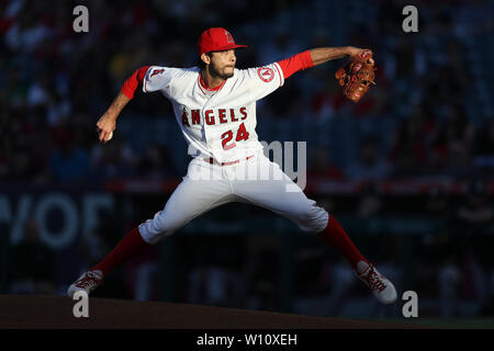 Anaheim, California, USA. 28th June 2019. Los Angeles Angels relief pitcher Noe Ramirez (24) makes the start for the Angels during the game between the Oakland A's and the Los Angeles Angels of Anaheim at Angel Stadium in Anaheim, CA, (Photo by Peter Joneleit, Cal Sport Media) Credit: Cal Sport Media/Alamy Live News Stock Photo