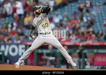 Anaheim, California, USA. 28th June 2019. Oakland Athletics starting pitcher Mike Fiers (50) makes the start for the A's during the game between the Oakland A's and the Los Angeles Angels of Anaheim at Angel Stadium in Anaheim, CA, (Photo by Peter Joneleit, Cal Sport Media) Credit: Cal Sport Media/Alamy Live News Stock Photo