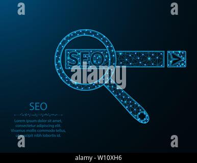 SEO low poly design, magnifying glass in polygonal style, find website in search engines. Vector illustration on dark blue background Stock Vector