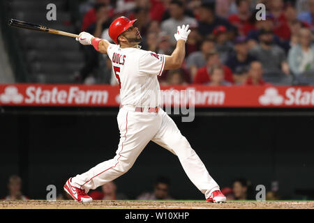 Anaheim, California, USA. 28th June 2019. Los Angeles Angels first baseman Albert Pujols (5) watches his pop fly during the game between the Oakland A's and the Los Angeles Angels of Anaheim at Angel Stadium in Anaheim, CA, (Photo by Peter Joneleit, Cal Sport Media) Credit: Cal Sport Media/Alamy Live News Stock Photo