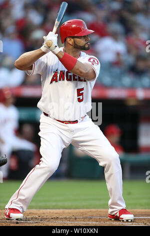 Anaheim, California, USA. 28th June 2019. Los Angeles Angels first baseman Albert Pujols (5) bats for the Angels during the game between the Oakland A's and the Los Angeles Angels of Anaheim at Angel Stadium in Anaheim, CA, (Photo by Peter Joneleit, Cal Sport Media) Credit: Cal Sport Media/Alamy Live News Stock Photo