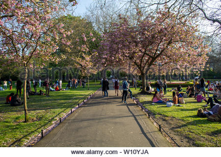 A view of people relaxing in Stephen's Green in Dublin, Ireland ona sunny day. Stock Photo