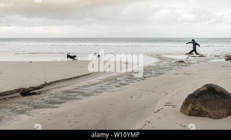 Running with the dogs along Glencairn beach on South Africa's False Bay coastline, near Cape Town, during the country's winter months Stock Photo