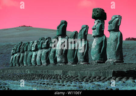 Pop art surreal styled huge Moai statues of Ahu Tongariki, Easter Island, Chile, South America Stock Photo