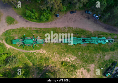 LEBIAZHYE, RUSSIA - JUNE 06, 2019: Top view of the railway artillery guns on the old artillery fort 'Krasnaya Gorka' on a sunny June day Stock Photo