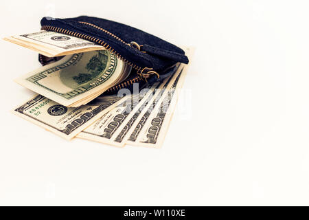 Black suede leather wallet isolated on white background with dollars Stock Photo