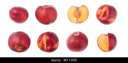 ripe nectarine isolated on white background. Top view. Flat lay pattern. Set or collection Stock Photo