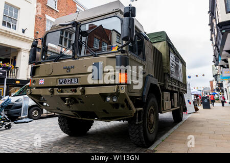 CHESTER, UK - 26TH JUNE 2019: An army HX60 4x4 truck stationed in Chester City to recruit for the British Army Stock Photo