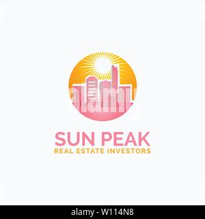 Sun over Cityscape Skyscrapers Business city Logo design vector template. Real Estate Architecture Construction Logotype concept icon. Stock Vector