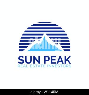 High Peaks logo design template. Vector mountain logotype illustration with sun circle. Stock Vector