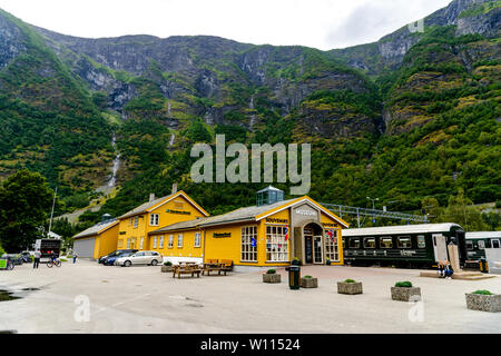 29 July 2017: Railway station (Flamsbana), museum in Flam, Scandinavia, Norway Stock Photo