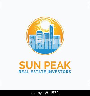 Sun over Cityscape Skyscrapers Business city Logo design vector template. Real Estate Architecture Construction Logotype concept icon. Stock Vector