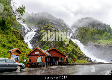 27 July 2017: Latefossen (Latefoss) twin waterfall - one of the biggest waterfalls in Norway, nearby Odda. Stock Photo