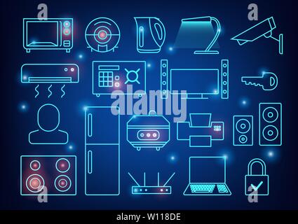 Smart home automation vector background. Connected smart home devices like phone, smart watch, tablet, sensors, appliances. Network of connected Stock Vector