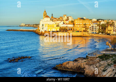 Sitges, Spain, a historical resort town on Costa Dorada Mediterranean sea coast near Barcelona on sunrise Stock Photo