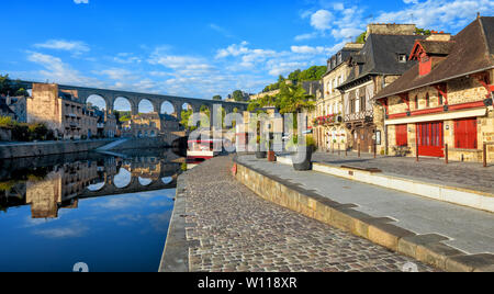 Dinan, panoramic view of the picturesque Old town and the viaduct over the Rance river, Cotes d'Armor, Brittany, France Stock Photo
