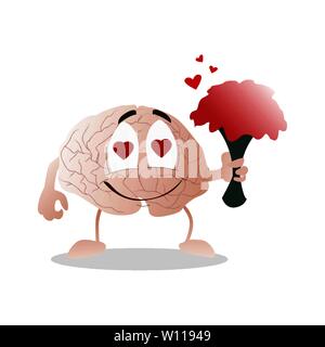 Brain love, character with bouquet flowers. Vector brain feeling love, bouquet of flower illustration Stock Vector