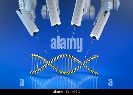 Genetic engineeering concept with 3d rendering robotic hand editing dna ...