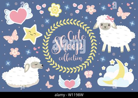 Cute sheep set objects. Collection design elements with lambs, hearts, stars, lovely flowers, moon. Good night concept. Kids baby clip art funny smili Stock Vector