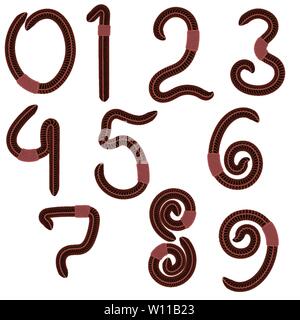 Animal Earth Red Worms for Fishing. Stylized Arabic Numerals. Stock Vector